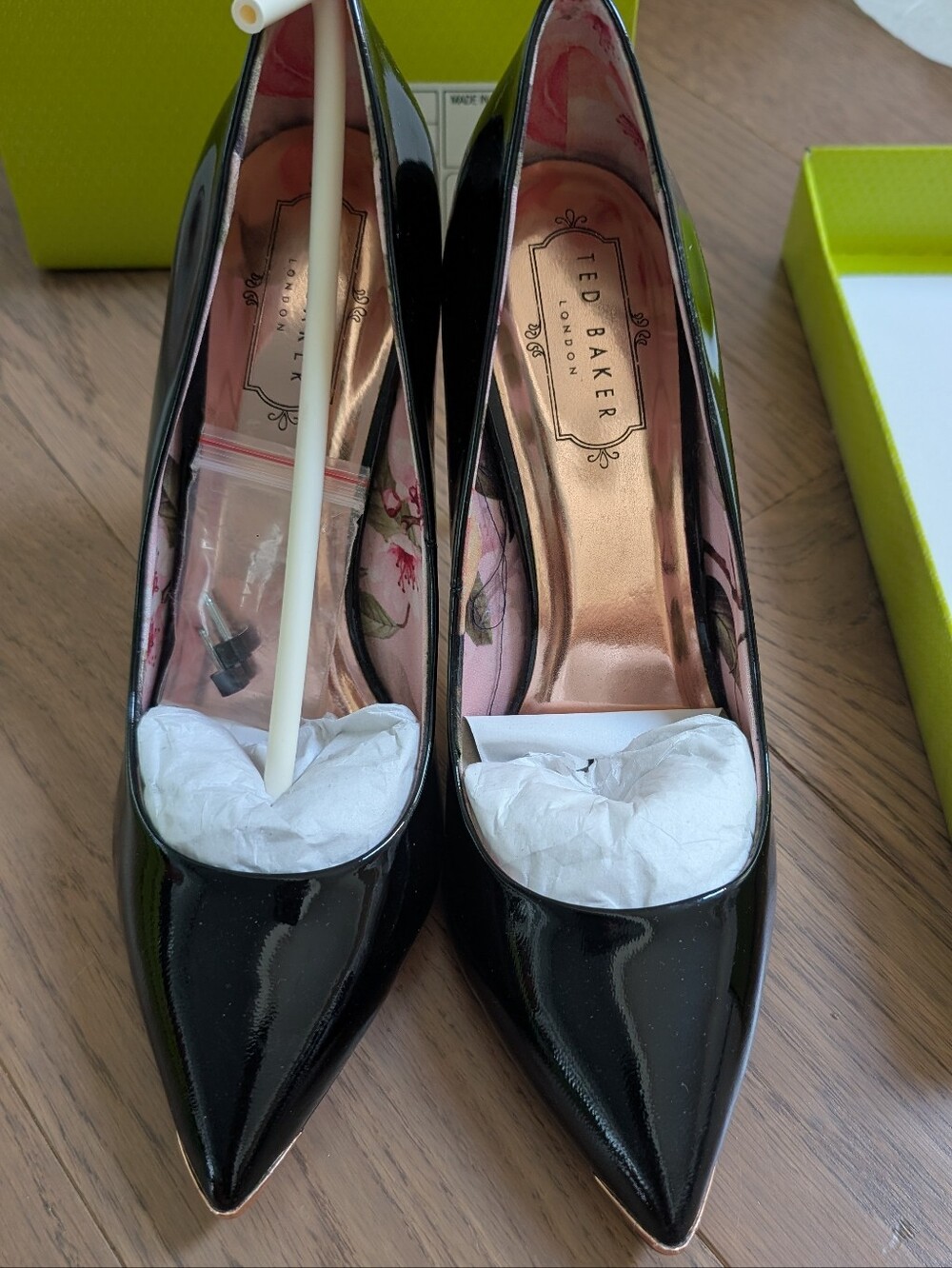 Ted Baker Black Patent Pointed Toe Heels with Rose-Gold Insole